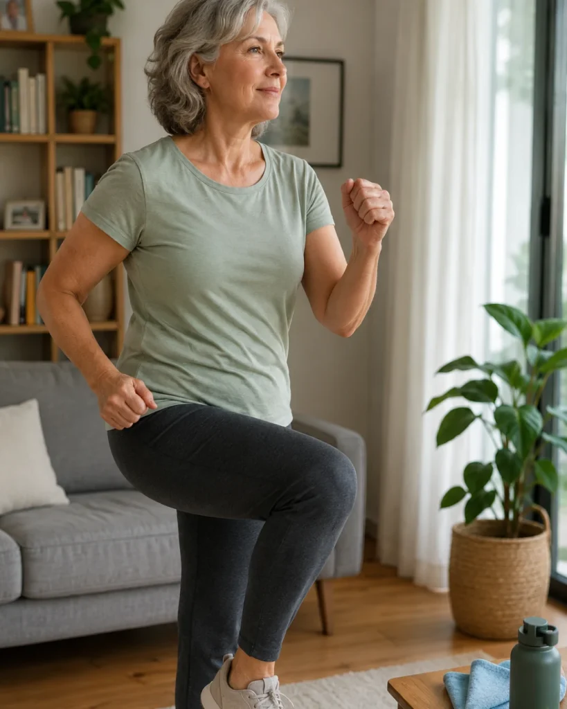 Mujer de más de 50 años haciendo cardio suave en el salón de casa.