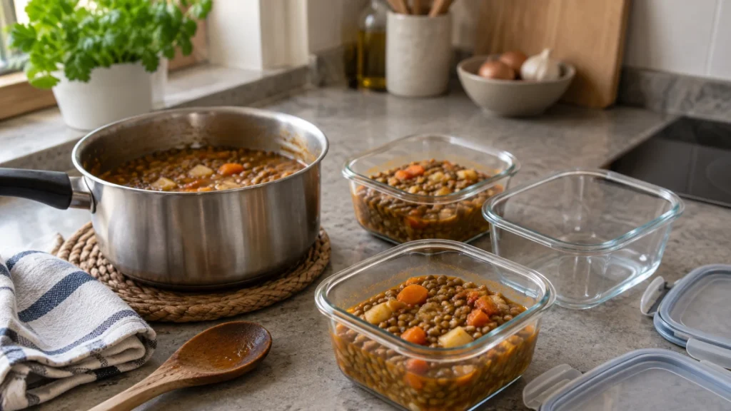 Cazuela de lentejas y recipientes individuales sobre la encimera de una cocina.