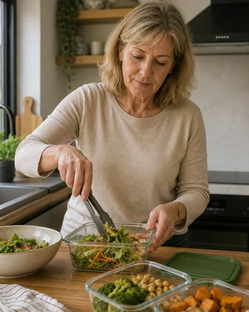 Mujer mayor preparando varias raciones de comida casera en una cocina luminosa.