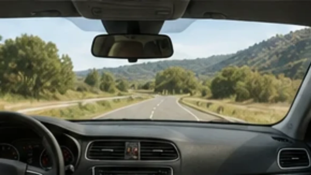 Carretera arbolada vista desde dentro de un coche, sin que se vea el conductor.