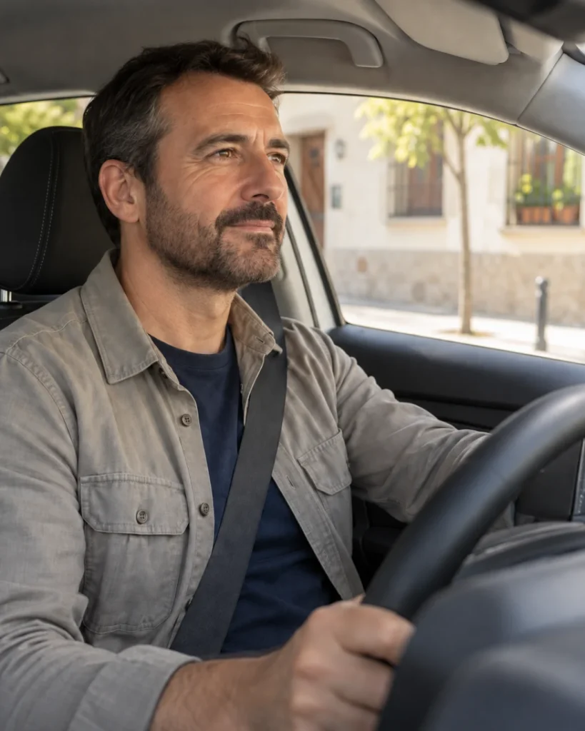 Hombre sentado al volante con el cinturón abrochado, mirando hacia delante.