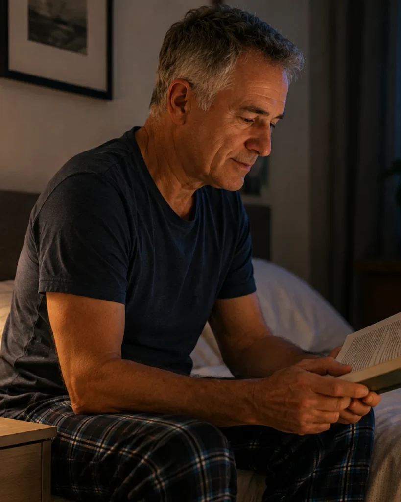 Hombre de unos sesenta años sentado en el borde de la cama leyendo antes de dormir, con luz cálida de dormitorio.