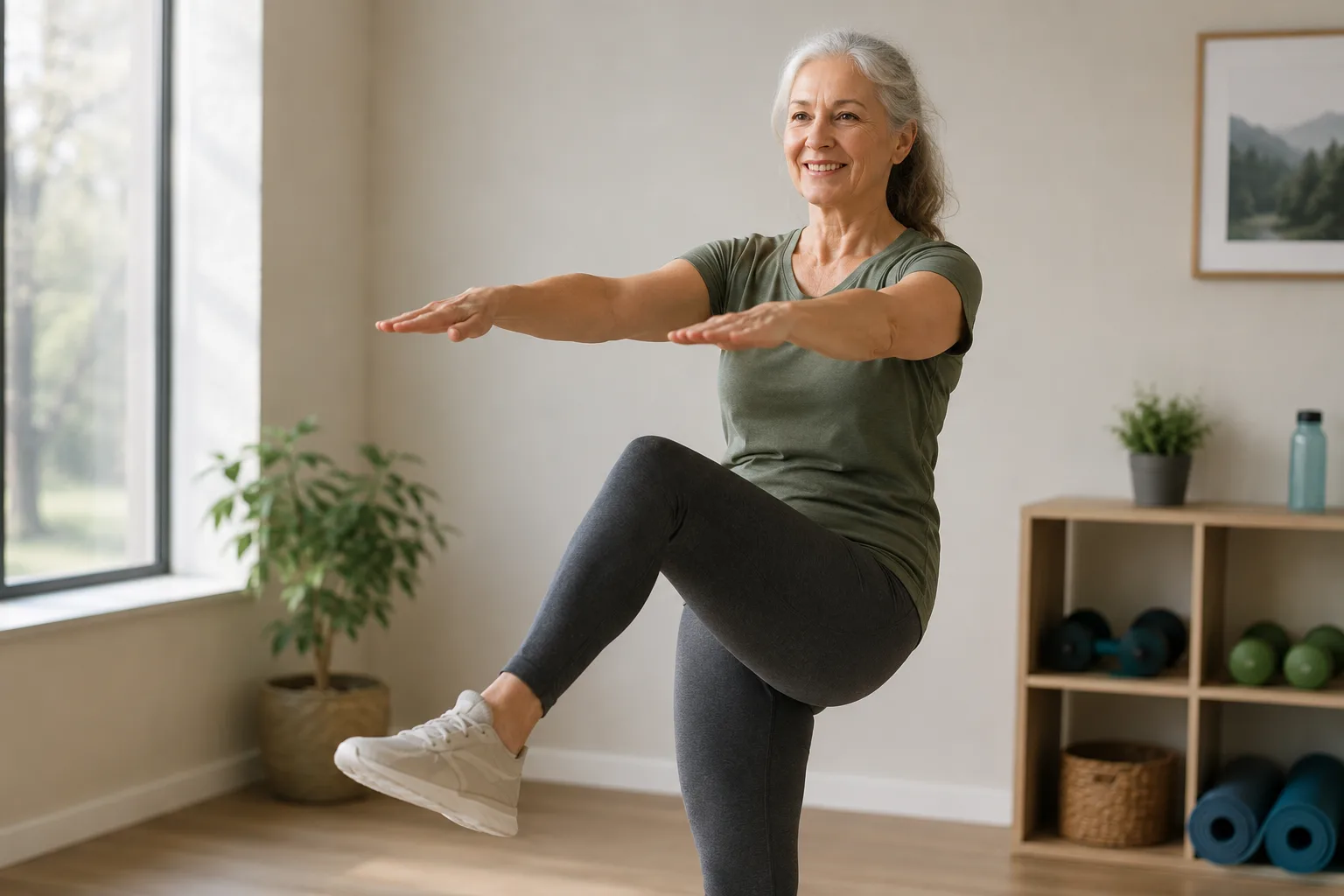 Mujer adulta realizando un ejercicio de equilibrio y fuerza en un espacio luminoso