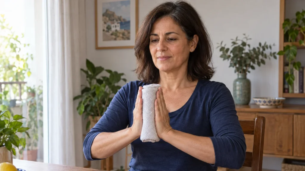 Mujer realizando un ejercicio isométrico al presionar una toalla entre las manos.
