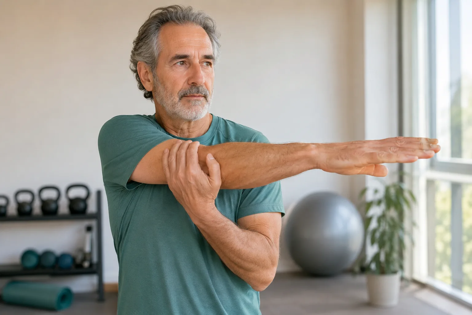 Hombre adulto estirando el hombro antes de entrenar en un gimnasio luminoso.