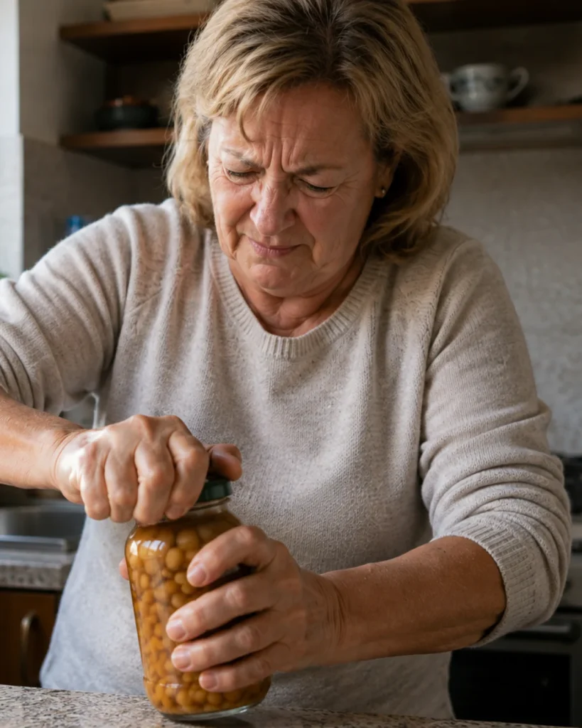 Mujer de sesenta y pocos abriendo un bote de cristal con las dos manos en la cocina de su casa.