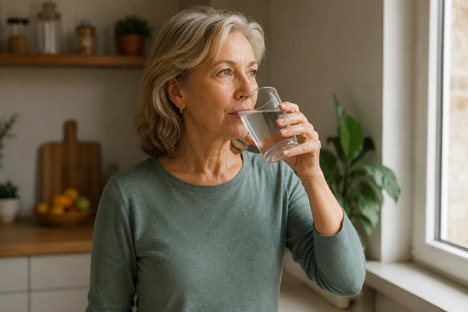Mujer de unos 60 años bebiendo un vaso de agua junto a una ventana en una cocina luminosa.