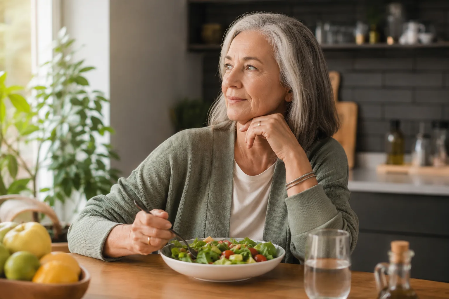 Mujer mayor sentada en una cocina luminosa con una ensalada y un vaso de agua, en una escena serena sobre inflamación y envejecimiento.