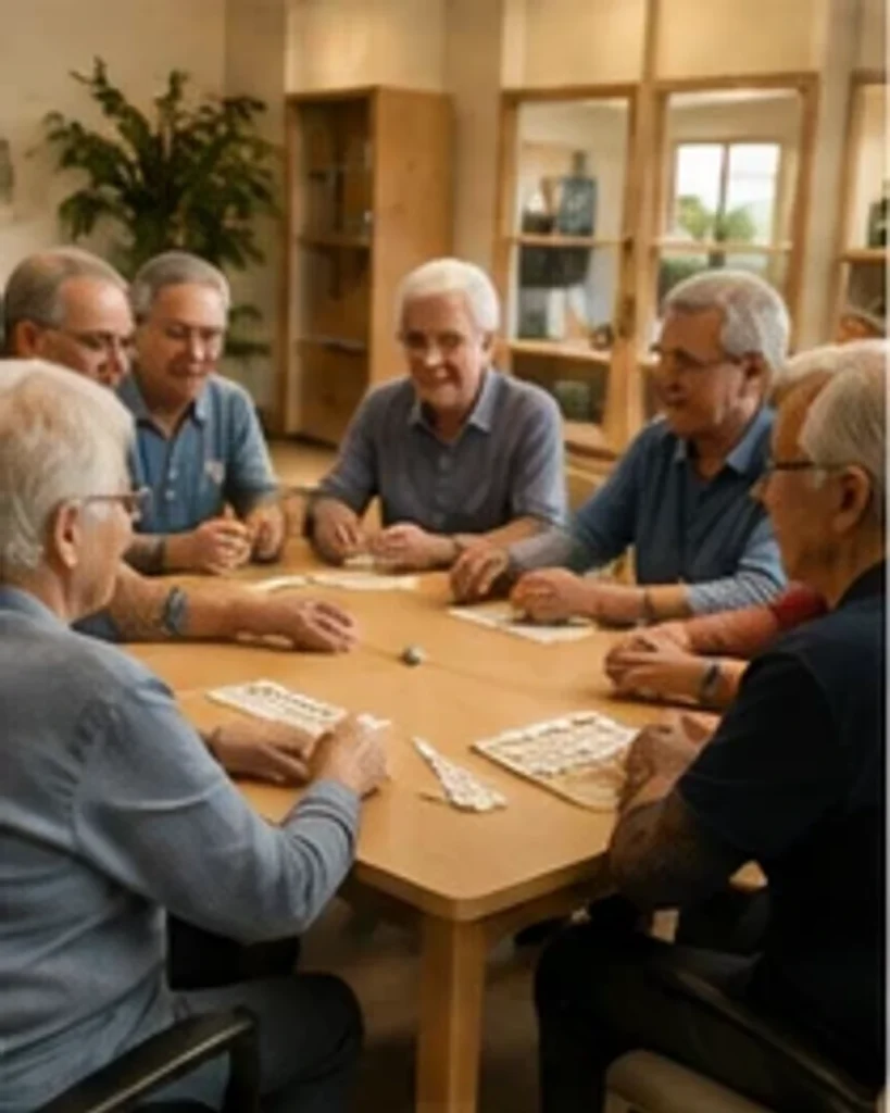 Grupo de personas mayores jugando a las cartas alrededor de una mesa grande en una sala luminosa.