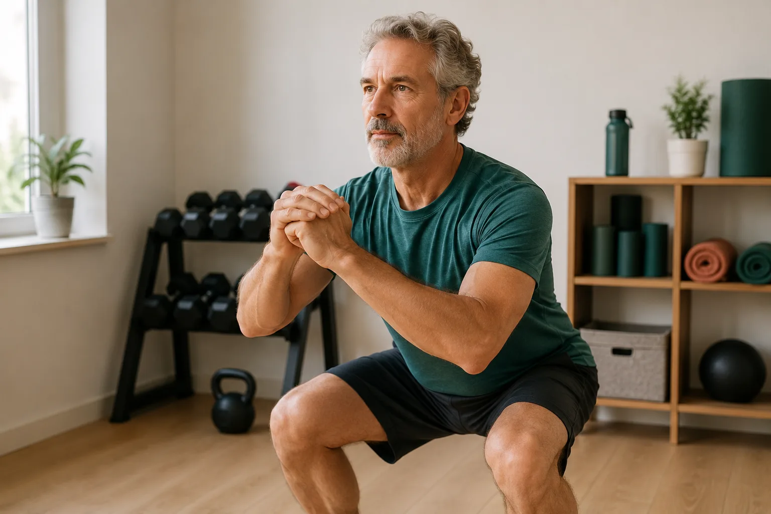 Hombre de unos 60 años haciendo una sentadilla en un gimnasio doméstico luminoso y ordenado