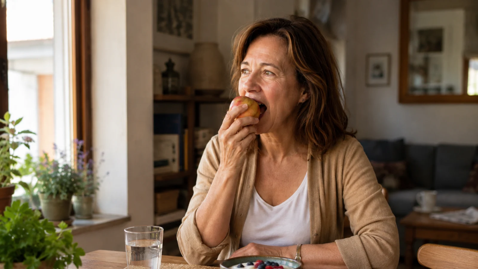 Mujer de unos 55 años comiendo una manzana sentada a la mesa de su casa, con luz natural.