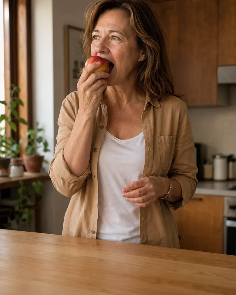 Mujer de unos 50 a 55 años comiendo una manzana en una cocina con luz natural.