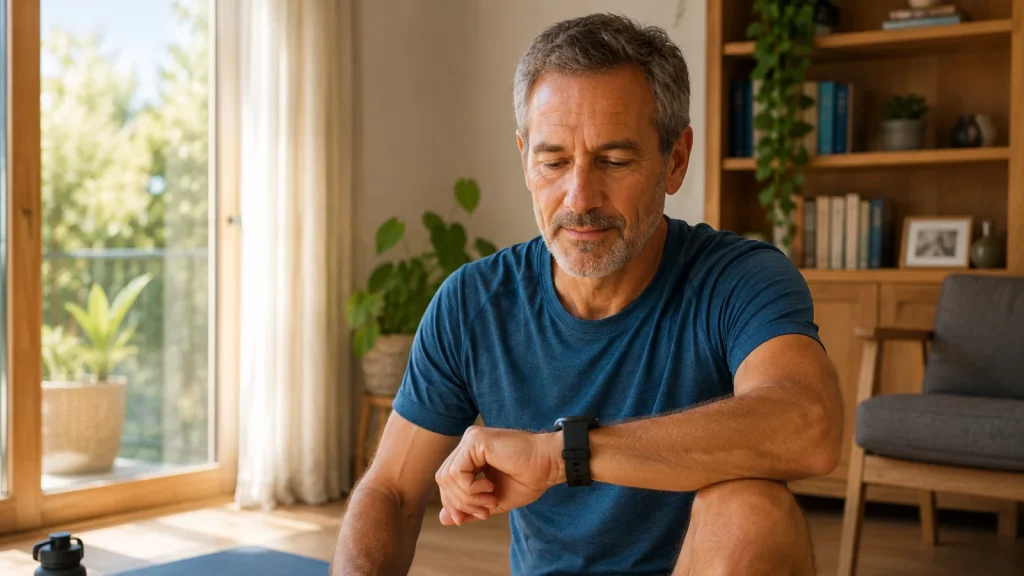 Hombre de unos 50 años en casa mirando el reloj deportivo de su muñeca.