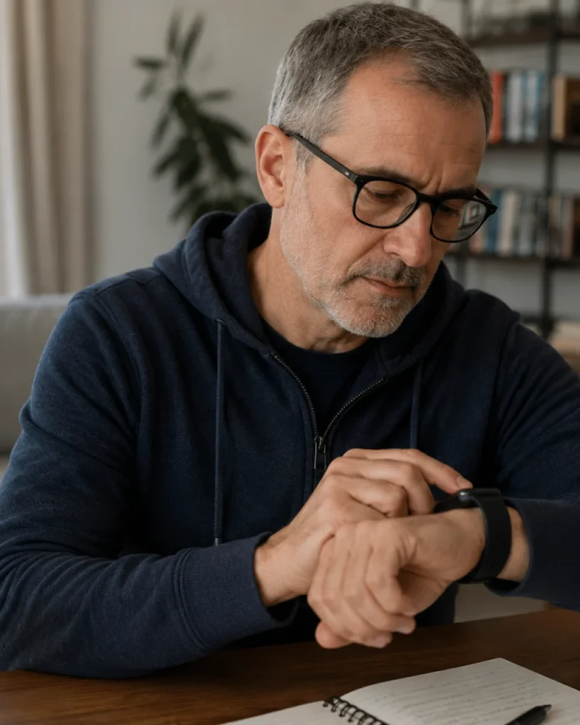 Hombre de unos 60 años consulta su reloj inteligente sentado en casa.