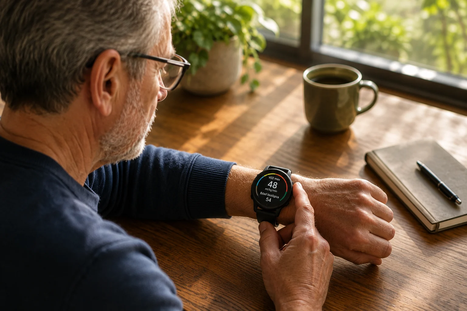 Hombre de unos 60 años consultando un reloj inteligente en una mesa de casa.
