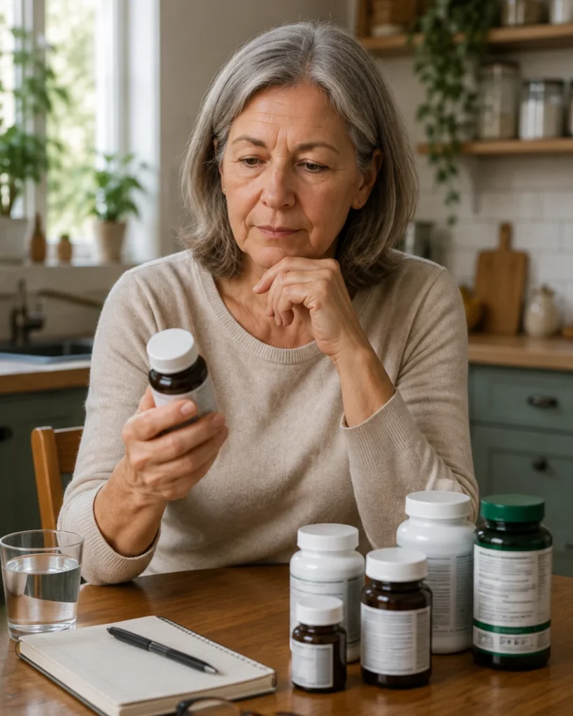 Mujer revisando varios frascos de suplementos en la mesa de su cocina.