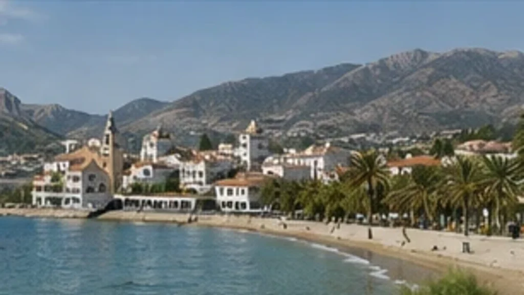 Pueblo costero mediterráneo fuera de temporada con la playa casi vacía.
