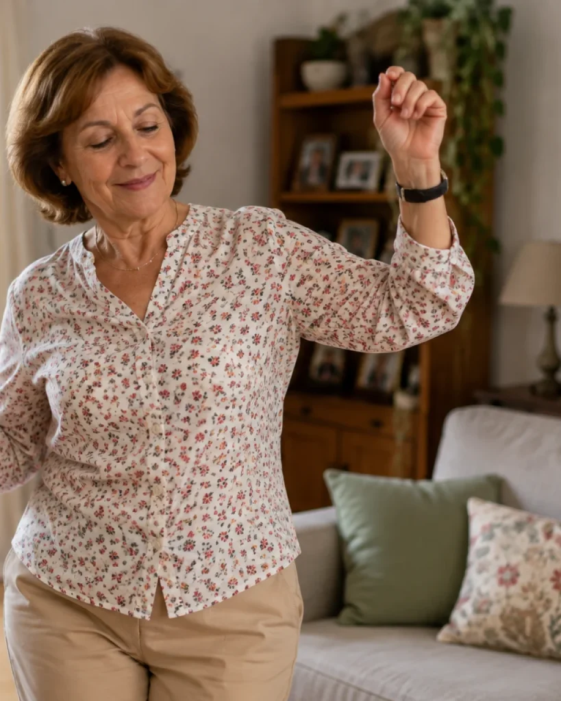 Mujer de unos sesenta años bailando en el salón de su casa con luz natural.