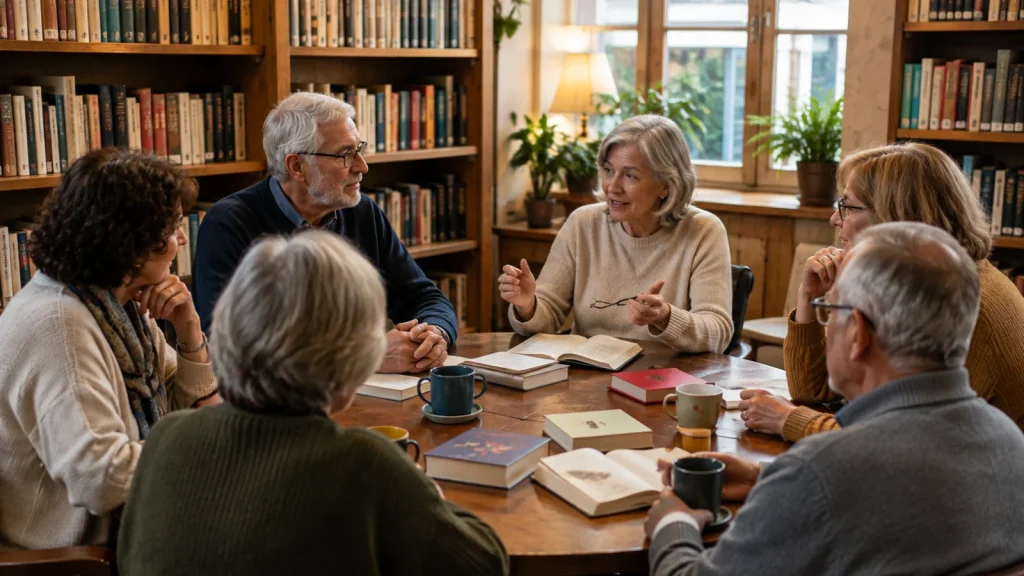 Grupo de personas mayores conversando alrededor de una mesa con libros en una biblioteca.
