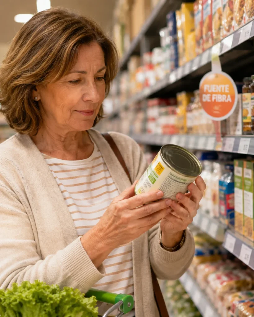 Mujer de unos sesenta años observando con atención la etiqueta de un alimento en un supermercado.