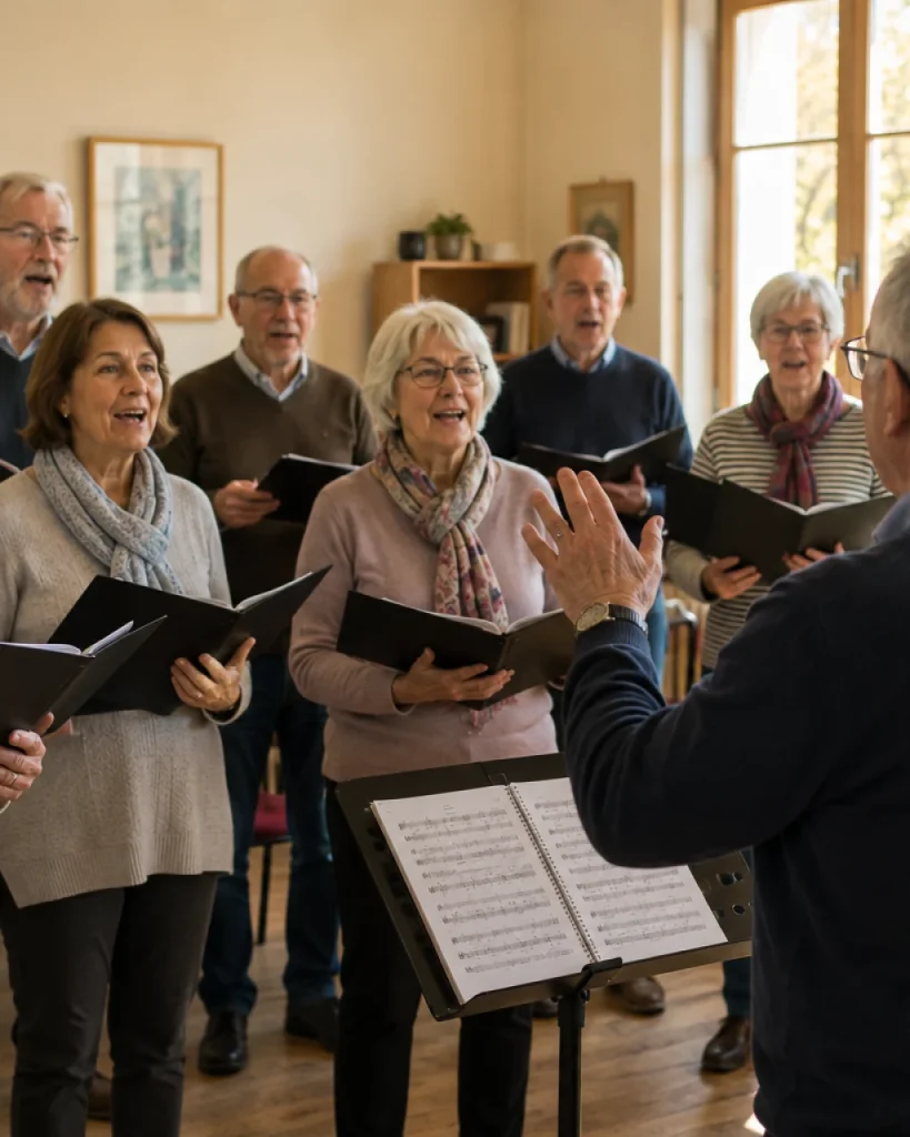 Grupo de personas mayores cantando en un ensayo de coro en un centro comunitario con luz natural.