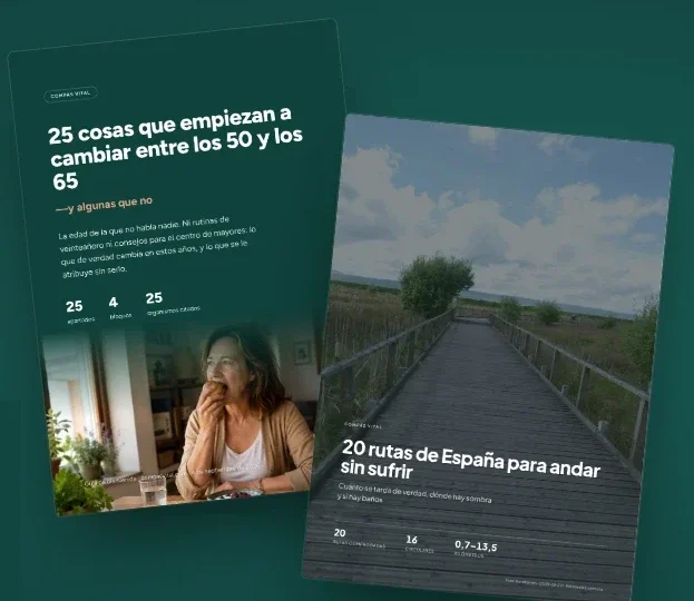 Las portadas de las dos guías: «25 cosas que empiezan a cambiar entre los 50 y los 65» y «20 rutas de España para andar sin sufrir».