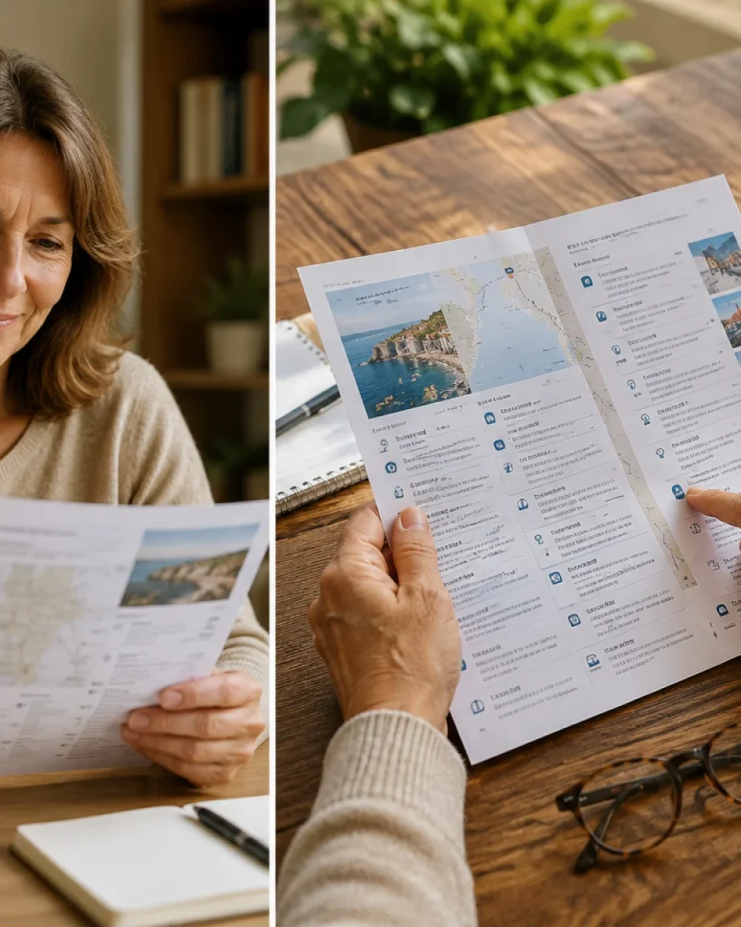 Mujer de unos sesenta años revisando documentación de viaje en una mesa de casa.