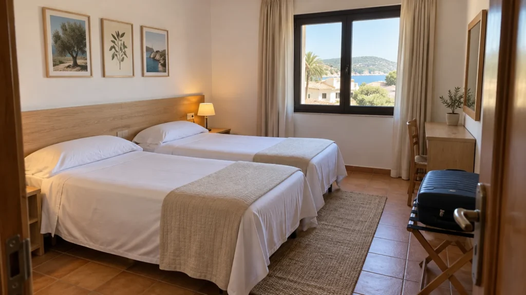 Habitación de hotel con dos camas individuales y una sola maleta en el portaequipajes.