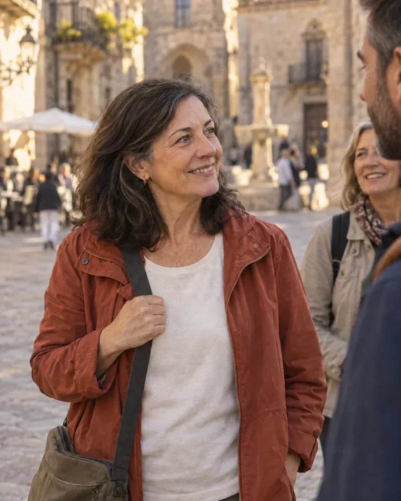 Mujer con bolso al hombro conversando con otros viajeros en una plaza.