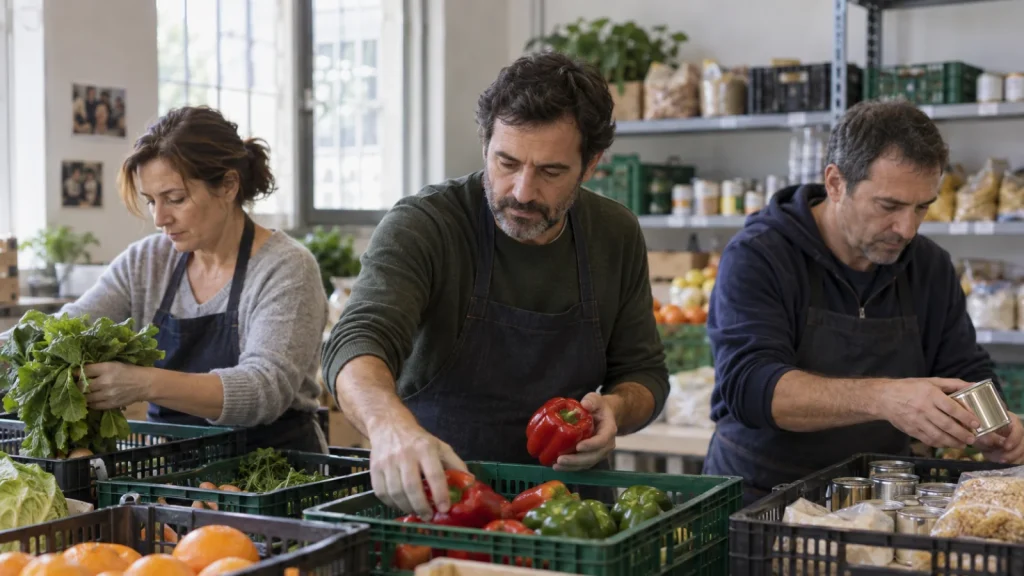 Tres personas voluntarias clasificando alimentos en un banco de alimentos.