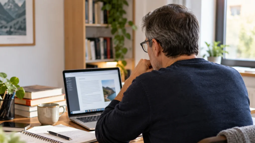Hombre de unos 50 años visto de espaldas estudiando frente a un ordenador en casa.
