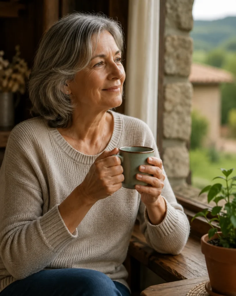 Mujer de unos sesenta años tomando una taza junto a la ventana de un alojamiento rural.