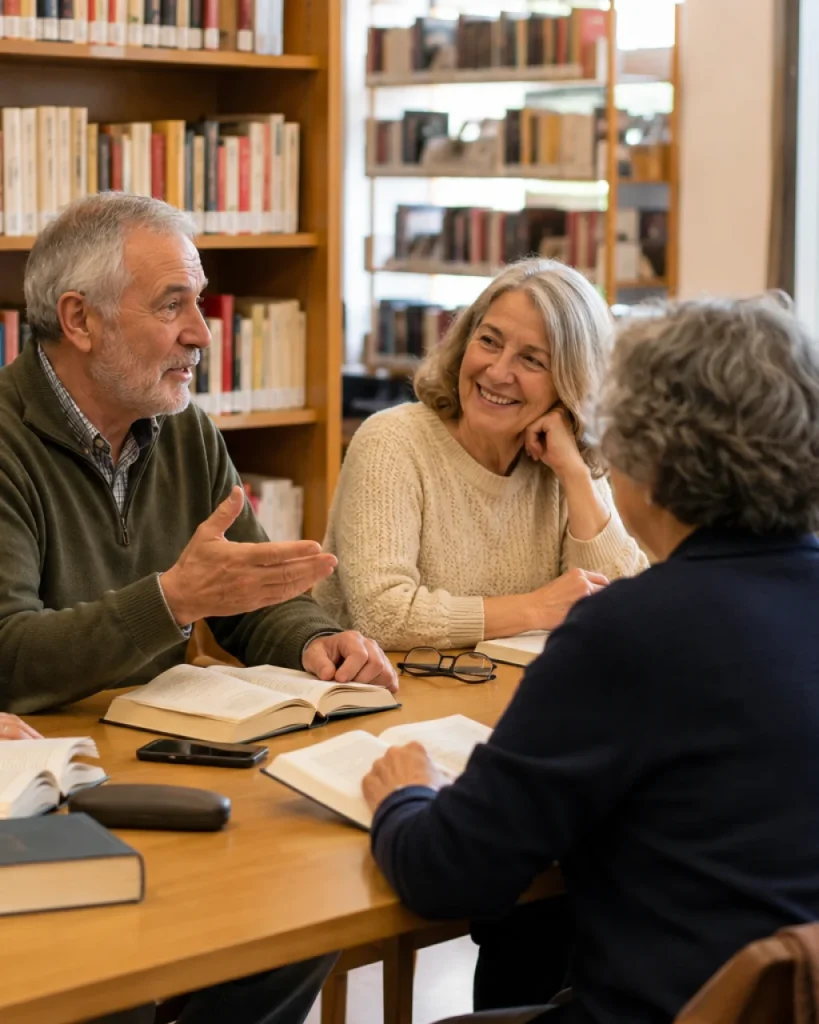 Personas adultas conversando alrededor de una mesa en una biblioteca con libros abiertos.