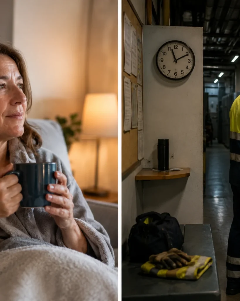 Mujer de mediana edad descansando en casa mientras un trabajador termina su turno en un vestuario industrial.